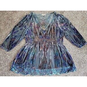 Live and Let Live Top Sz 2X Multicolor Velour Boho Lace Hem  3/4 Sleeve V-Neck